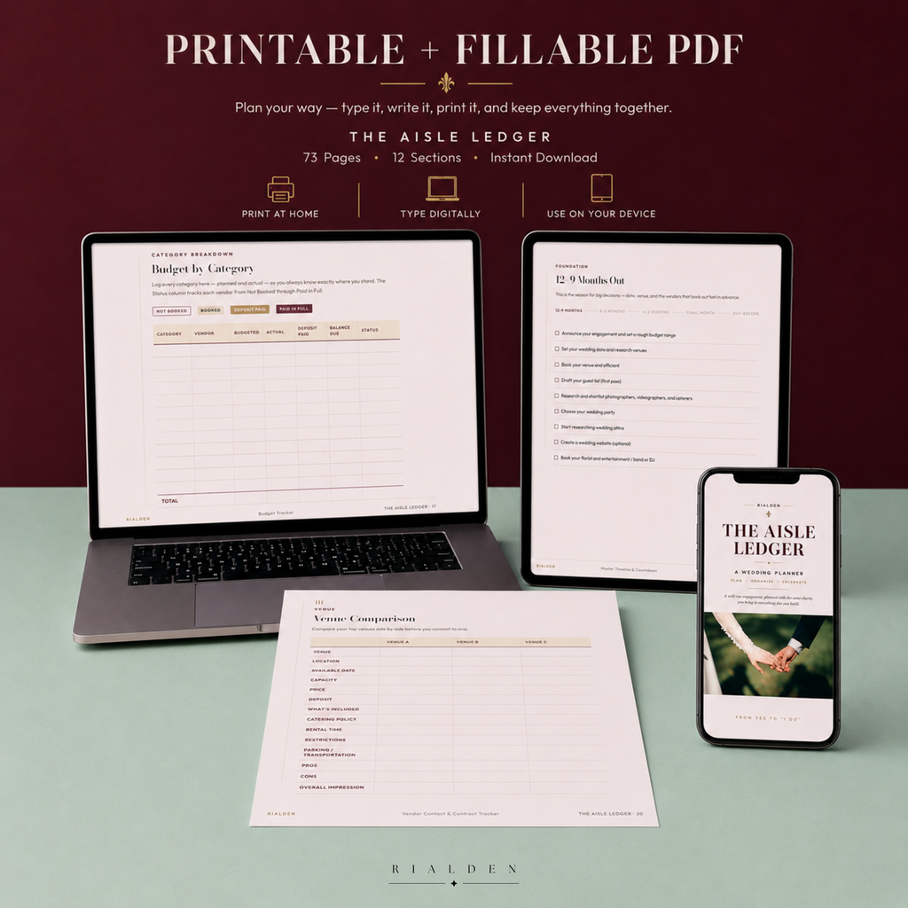 The Aisle Ledger — Wedding Planner | Printable + Fillable PDF